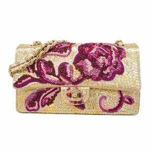 Chanel Shoulder Bag with Double Flap and Chain, Sequins, Gold, Pink, Champagne
